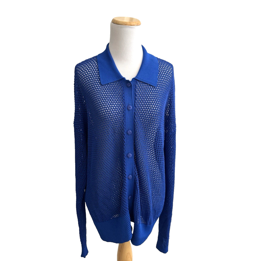 Rag & Bone Leah Cardigan L Trueblu Royal Blue Loose Knit Collar Long Sleeves